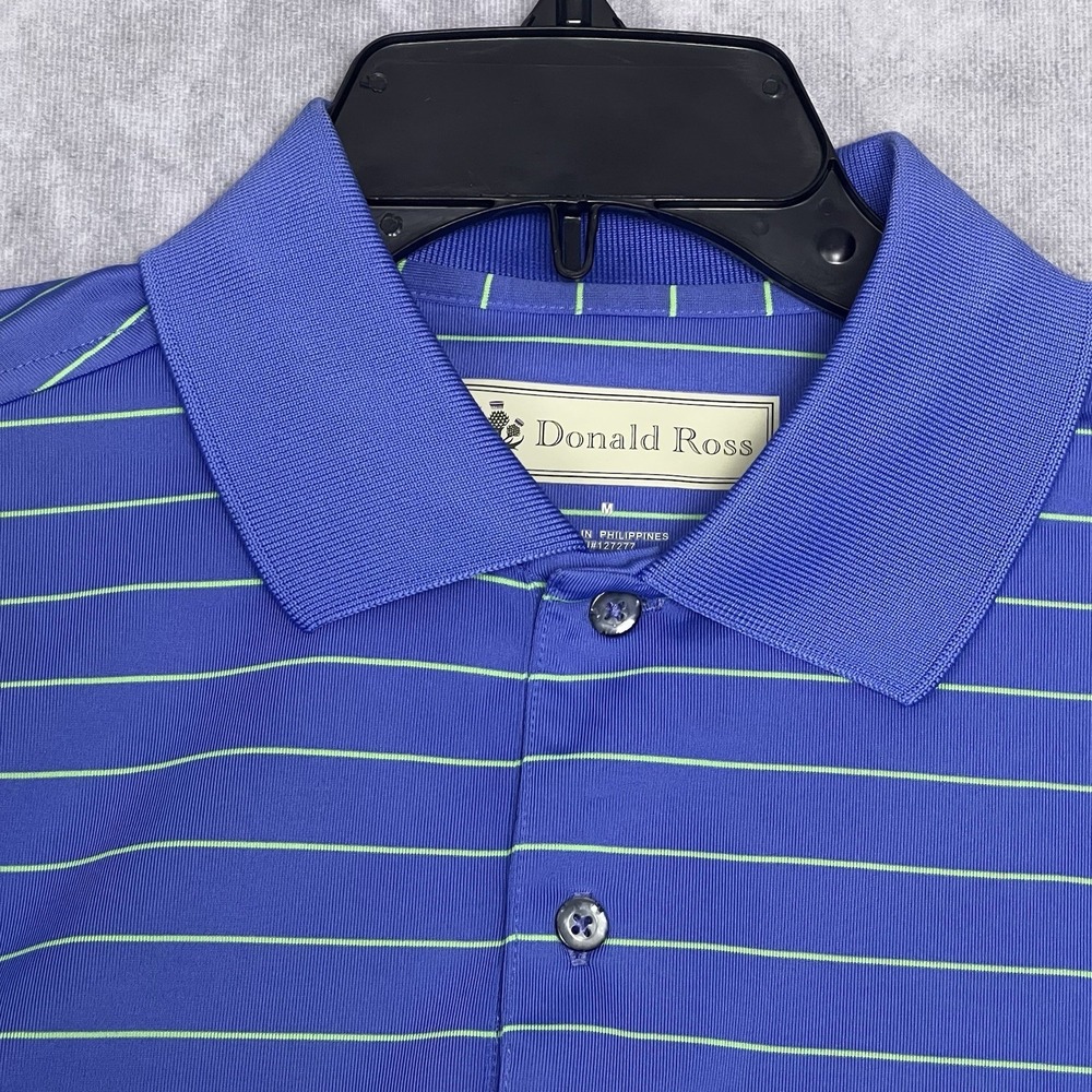DONALD ROSS Golf Shirt Medium Short Sleeve Blue w/Green Stripe Polyester - Picture 2 of 11